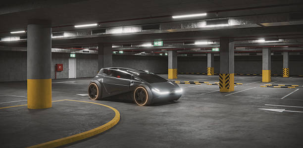 Generic futuristic car in underground garage. 3D generated image. Generic and custom  made vehicle design not based on any real (or concept) model/brand.