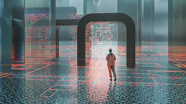 istock Young woman walking in abstract VR environment 2252106967
