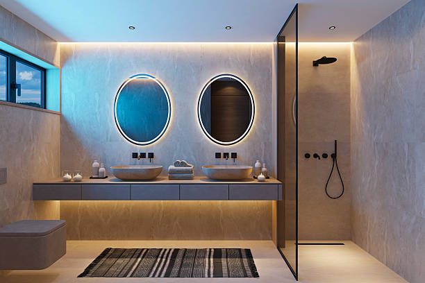 istock Japandi Spa Bathroom Interior with Pine Wood and White Stone Spa Elements Night Scene 2252109221