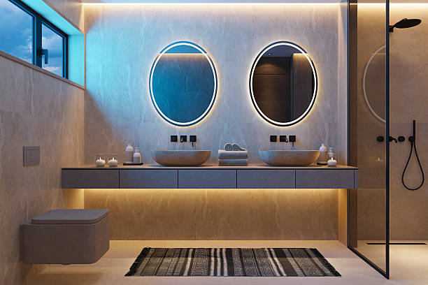 istock Japandi Spa Bathroom Interior with Pine Wood and White Stone Spa Elements Night Scene 2252109227