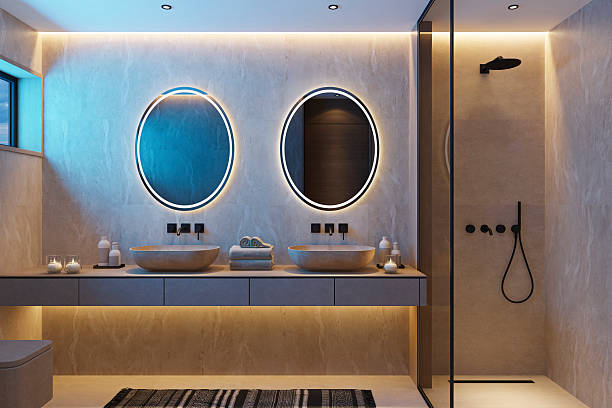 istock Japandi Spa Bathroom Interior with Pine Wood and White Stone Spa Elements Night Scene 2252109228
