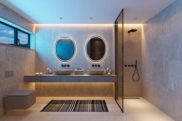 istock Japandi Spa Bathroom Interior with Pine Wood and White Stone Spa Elements Night Scene 2252109230