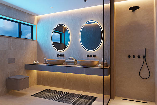 istock Japandi Spa Bathroom Interior with Pine Wood and White Stone Spa Elements Night Scene 2252109256