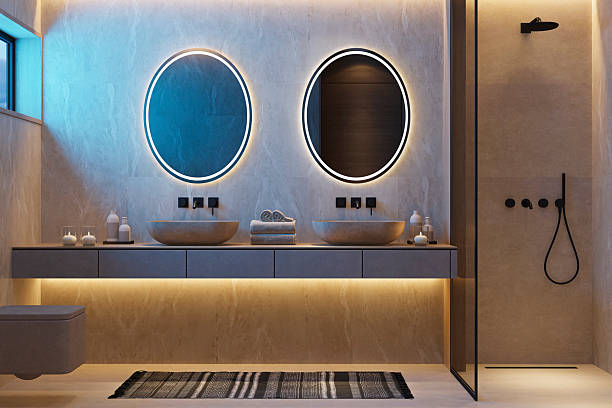 istock Japandi Spa Bathroom Interior with Pine Wood and White Stone Spa Elements Night Scene 2252109263