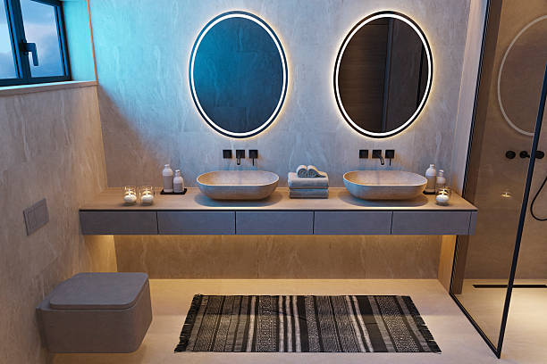 istock Japandi Spa Bathroom Interior with Pine Wood and White Stone Spa Elements Night Scene 2252109285