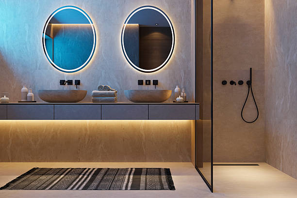 istock Japandi Spa Bathroom Interior with Pine Wood and White Stone Spa Elements Night Scene 2252109288