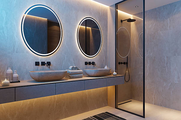 istock Japandi Spa Bathroom Interior with Pine Wood and White Stone Spa Elements Night Scene 2252109289