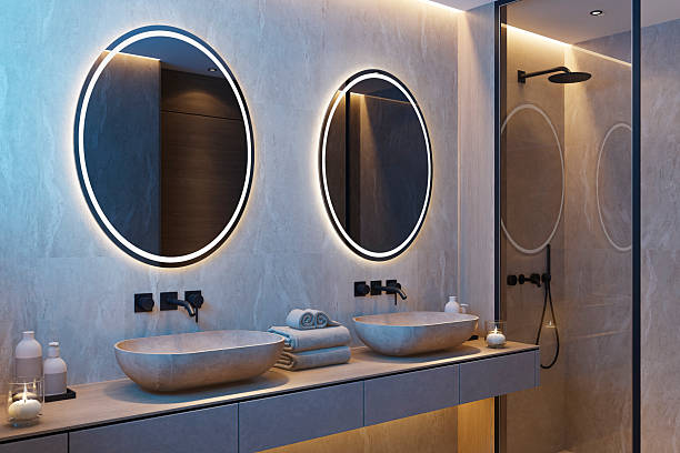 istock Japandi Spa Bathroom Interior with Pine Wood and White Stone Spa Elements Night Scene 2252109291