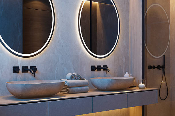 istock Japandi Spa Bathroom Interior with Pine Wood and White Stone Spa Elements Night Scene 2252109301