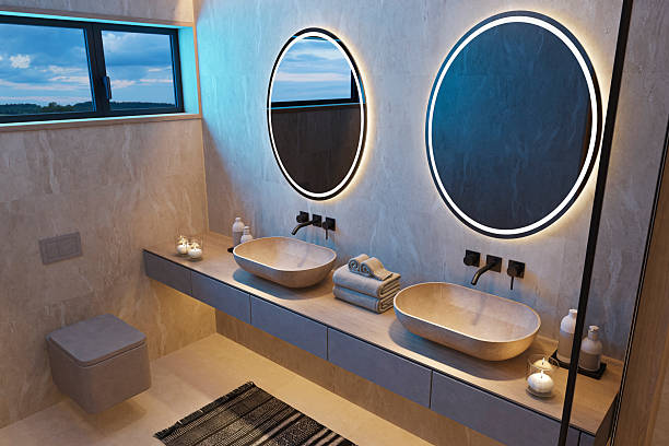 istock Japandi Spa Bathroom Interior with Pine Wood and White Stone Spa Elements Night Scene 2252109304