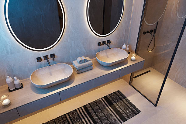 istock Japandi Spa Bathroom Interior with Pine Wood and White Stone Spa Elements Night Scene 2252109310