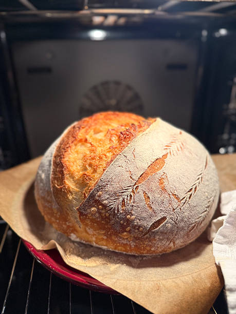 istock Sourdough bread baking in oven with scored crust 2252110314