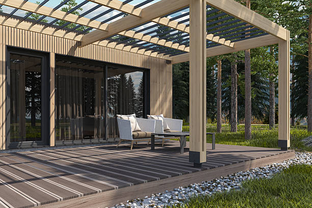 istock Scandinavian Modern Villa or Weekend House with Pine Wood Paneling Facade and Canopy 2252111376