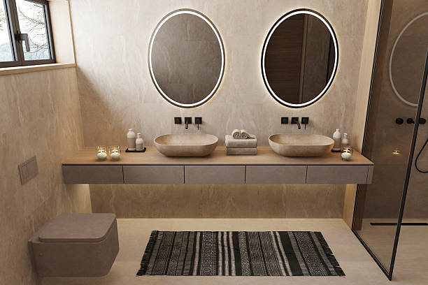 istock Japandi Spa Bathroom Interior with Pine Wood and White Stone Spa Elements Day Scene 2252113193