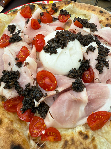 Burrata Pizza with Ham, Cherry Tomatoes, and Tapenade