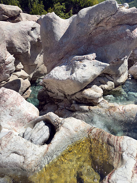 Unique weathered rock formations with smooth surfaces and natural pools filled with clear water. Scenic rocky landscape with sunlight reflecting on water. Outdoor nature scene with textured stones.