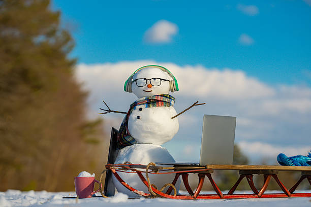 istock Snowman using laptop outside. Winter online shopping. Snowman programmer. Snowman browsing internet in snowy field. Funny snowman working on computer. 2252125780