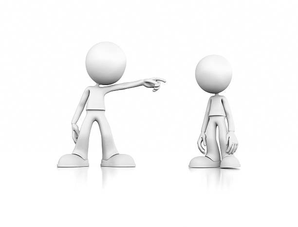 Two abstract figures are having a conversation in a minimalist style. One figure gestures with a pointed finger, while the other appears to be listening carefully. This is a 3d render illustration
