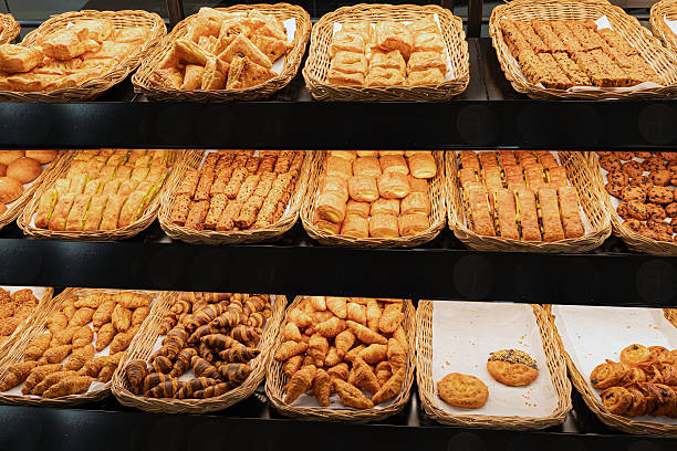 Fresh pastry bakery display croissant puff pastry cookie bread roll baguette sweet pastry savory pastry golden crust