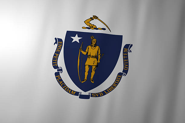 The official flag of Massachusetts featuring the state coat of arms with a Native American figure holding a bow and arrow on a white background. A blue shield, golden details, and a single white star symbolize liberty, peace, and state sovereignty.