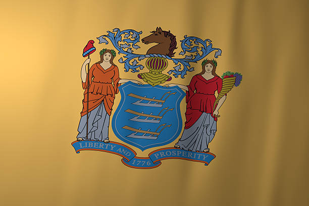 The official flag of New Jersey featuring a golden background and the state coat of arms. The emblem displays a blue shield supported by two female figures symbolizing Liberty and Prosperity, topped with a horse head crest and a banner dated 1776.