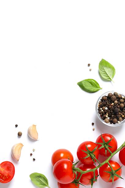 istock Fresh red tomatoes, pepper and basil on white background, top view 2252140993