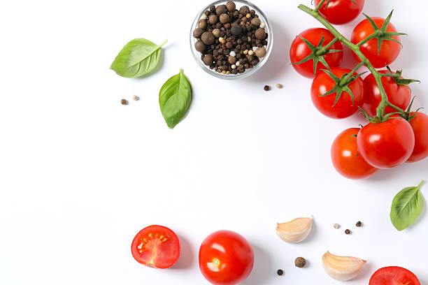 istock Fresh red tomatoes, pepper and basil on white background, top view 2252141009