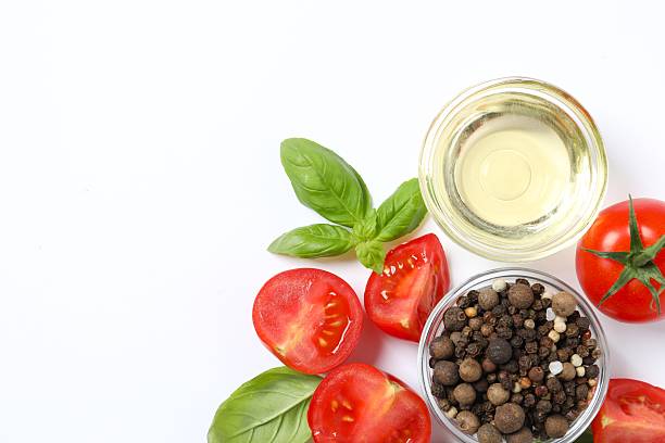 istock Fresh red tomatoes, oil and spices on white background, top view 2252141035