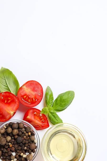 istock Fresh red tomatoes, oil and spices on white background, top view 2252141044