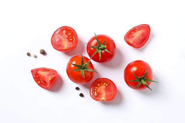 istock Flat lay composition with fresh cherry tomatoes, pepper on white background. Ripe vegetables 2252141075