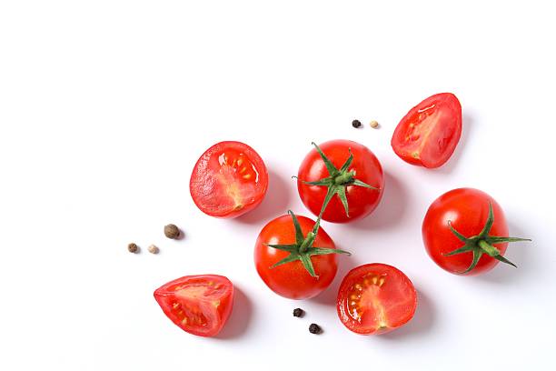 istock Flat lay composition with fresh cherry tomatoes, pepper on white background. Ripe vegetables 2252141085