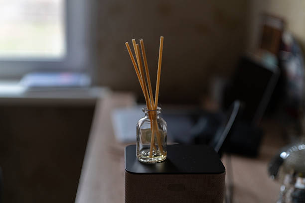 istock Scented sticks stand in a glass bottle on a table beside a window in a room 2252143076