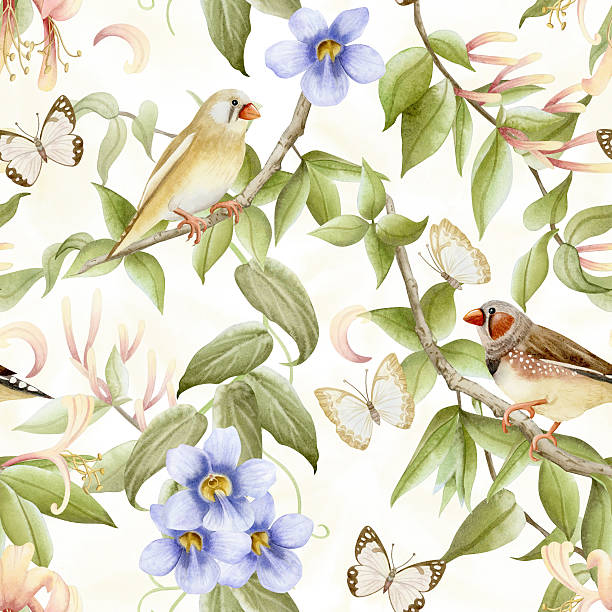 istock Spring garden flowers with birds and butterflies watercolor seamless pattern on white. Blooming honeysuckle, purple Thunbergia and finch songbirds on vine blossom repeat background. Climbing plant 2252149763