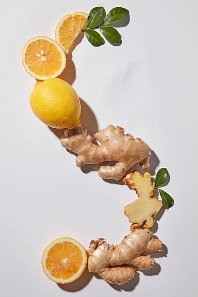Flat lay composition of ginger roots forming a curved shape with lemon accents on white background. This implies support to help the product achieve its S-shaped body. Creative layout