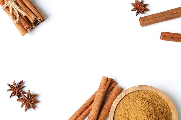 istock Aromatic cinnamon sticks, cinnamon powder and anise stars on a white background 2252151881