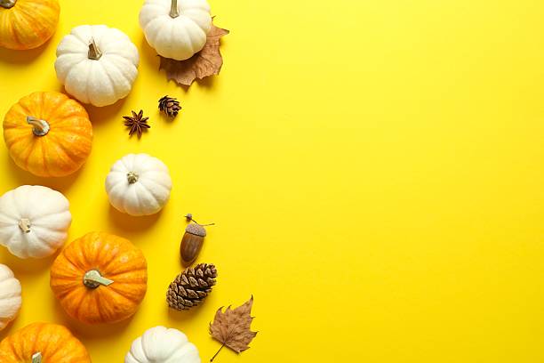 istock Beautiful autumn composition with pumpkins on a color background, top view 2252152057