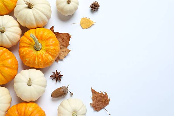 istock Beautiful autumn composition with pumpkins on a white background, top view 2252152132