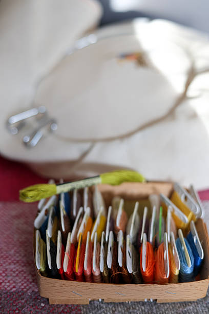 Spending time with embroidery: cross-stitching. Colorful threads, hoop, embroidery kit.