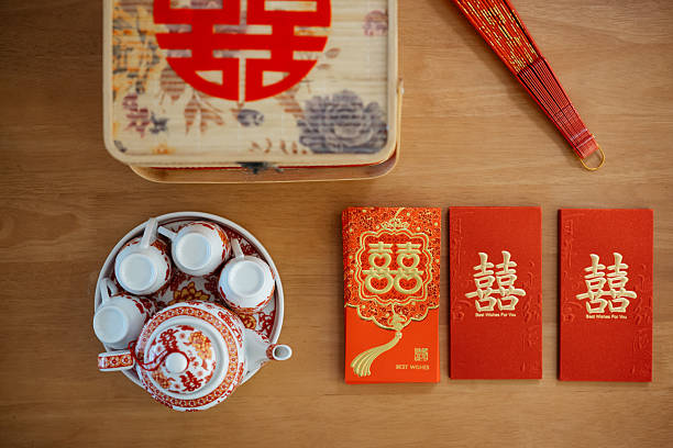 A flat lay of traditional Chinese wedding tea ceremony items, including a tea set, red envelopes, and double happiness symbols arranged on a wooden surface. The image highlights cultural customs, ceremonial details, and wedding traditions.