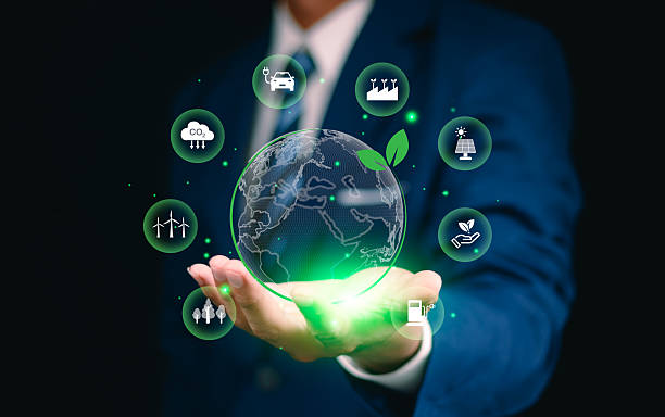 istock Green business, Virtual globe reducing carbon concept, Business show globe reducing carbon global warming, Climate neutral long term strategy. Decarbonization, Greenhouse gas emission target 2252157721