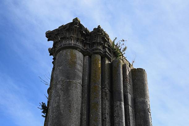 Weathered Roman coloumns with capitols, once part of a temple, are seen against a blue sky. Plants are growing on the columns, some of which are mismatched.