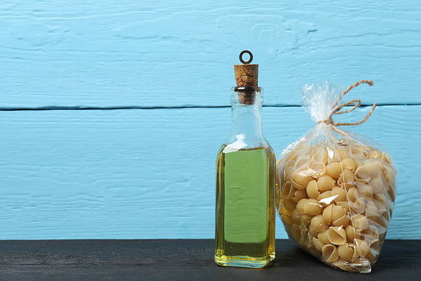 Humanitarian aid. Various food products for donation on blue background