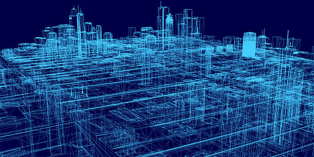 istock A 3D wireframe city pack model displays architectural blueprints of buildings against a solid blue background. 2252176226