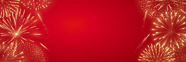 istock Fireworks on red background with golden glowing bursts and open copy space, festive holiday backdrop suitable for Lunar New Year, Chinese New Year, Independence Day and Victory Day celebrations. 2252177065