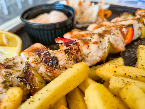 Souvlaki on the plate in a restaurant in Greece.