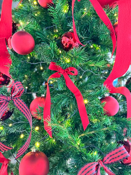 istock An artificial Christmas tree adorned with decorations, red balls, red bows, and lights. 2252185678