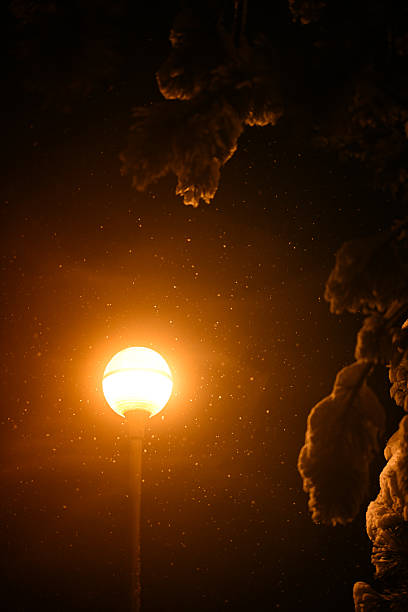 Streetlight shining warm light during winter snowfall at night