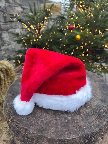 istock Christmas Santa hat on tree stump during holidays 2252191454