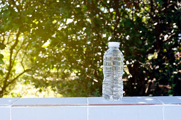 Plastic water bottle on an outdoor wall with a natural, sunlit background, symbolizing hydration, daily use, and environmental awareness
