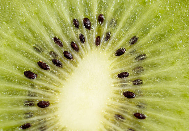 A close up of a kiwi fruit with black seeds. The seeds are scattered throughout the fruit